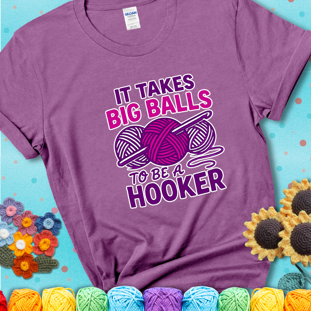 Say it with stitches Design reads 'Crochet Is My Love Language', perfect crochet gift for yarn lovers; showing a lavender tee with a teal sunflower background