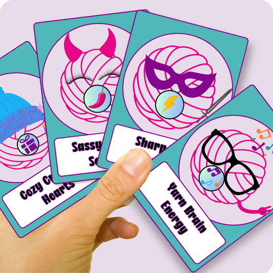 Colorful Knotty Habits yarn personality quiz cards representing different moods and personality combinations. 