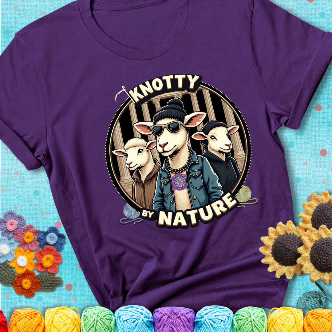 Three cool sheep dressed in urban streetwear pose in front of columns, with bold text “Knotty By Nature” on a purple tee, a hilarious crochet parody with swagger.