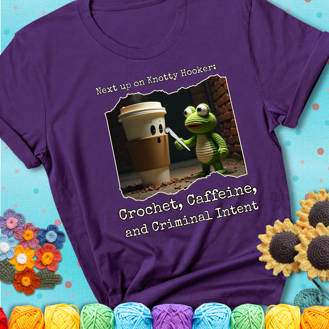 A crocheted frog holding a crochet hook confronts a surprised coffee cup in a dim alleyway with text: 