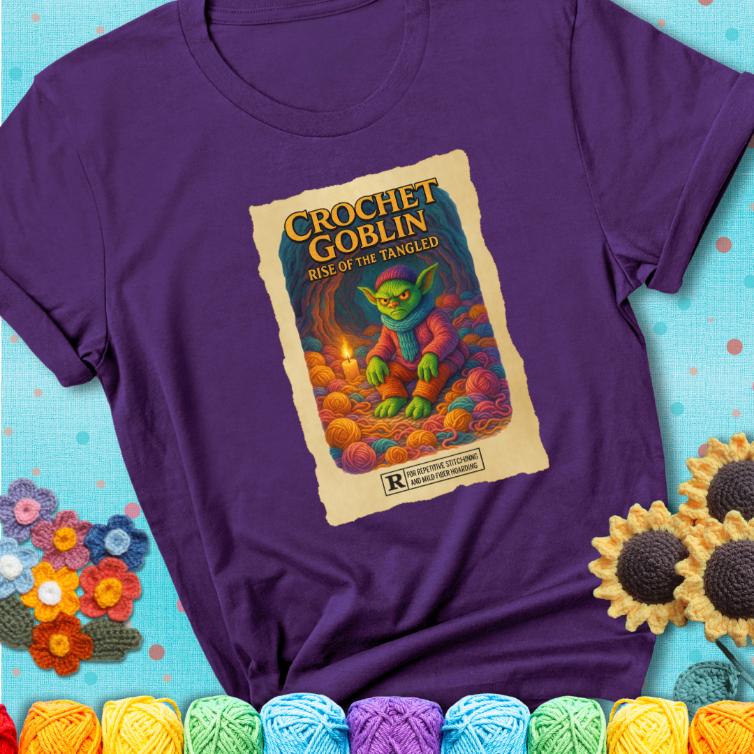 Crochet goblin surrounded by chaotic yarn stash in a cave-like lair. Text reads: “Crochet Goblin: Rise of the Tangled.” A funny fantasy-style purple tee for yarn hoarders and goblin-mode crafters.