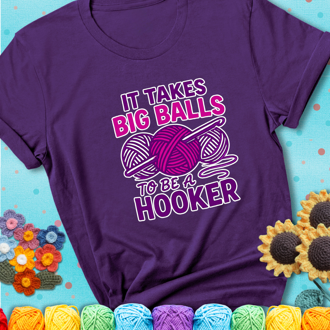 Say it with stitches Design reads 'Crochet Is My Love Language', perfect crochet gift for yarn lovers; showing a purple tee with a teal sunflower background