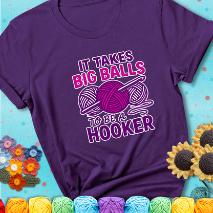 Say it with stitches Design reads 'Crochet Is My Love Language', perfect crochet gift for yarn lovers; showing a purple tee with a teal sunflower background