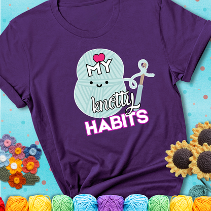 Smiling yarn ball and hook with text “Love My Knotty Habits” - cute crochet shirt with playful design for makers, showing a purple tee with a teal sunflower background