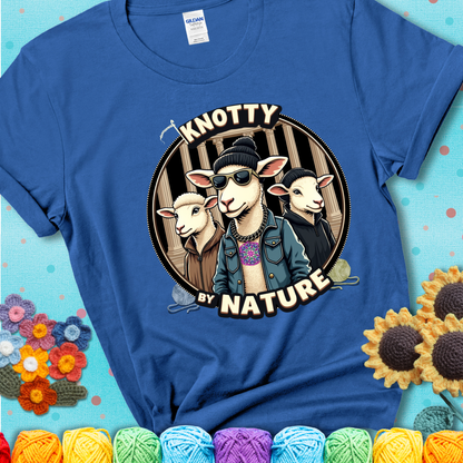 Three cool sheep dressed in urban streetwear pose in front of columns, with bold text “Knotty By Nature” on a blue tee, a hilarious crochet parody with swagger.