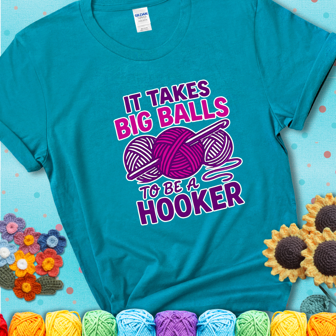 Say it with stitches Design reads 'Crochet Is My Love Language', perfect crochet gift for yarn lovers; showing a blue-green teal tee with a teal sunflower background