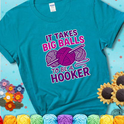 Say it with stitches Design reads 'Crochet Is My Love Language', perfect crochet gift for yarn lovers; showing a blue-green teal tee with a teal sunflower background