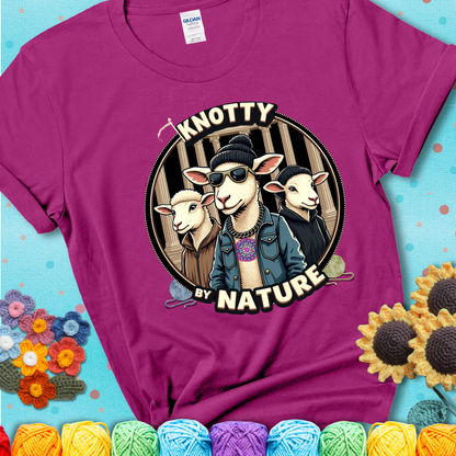 Three cool sheep dressed in urban streetwear pose in front of columns, with bold text “Knotty By Nature” on a magenta tee, a hilarious crochet parody with swagger.