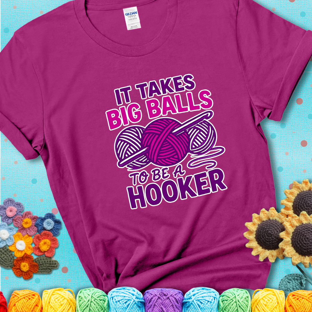 Say it with stitches Design reads 'Crochet Is My Love Language', perfect crochet gift for yarn lovers; showing a magenta tee with a teal sunflower background