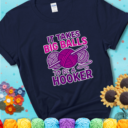 Say it with stitches Design reads 'Crochet Is My Love Language', perfect crochet gift for yarn lovers; showing a navy blue tee with a teal sunflower background