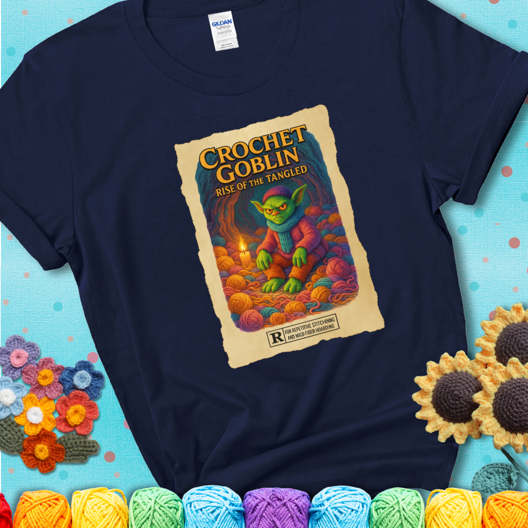 Crochet goblin surrounded by chaotic yarn stash in a cave-like lair. Text reads: “Crochet Goblin: Rise of the Tangled.” A funny fantasy-style navy blue tee for yarn hoarders and goblin-mode crafters.