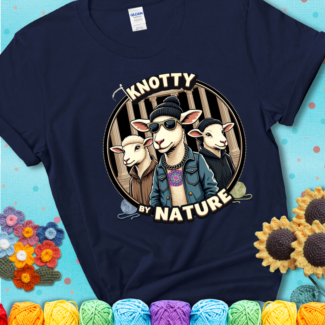 Three cool sheep dressed in urban streetwear pose in front of columns, with bold text “Knotty By Nature” on a navy blue tee, a hilarious crochet parody with swagger.