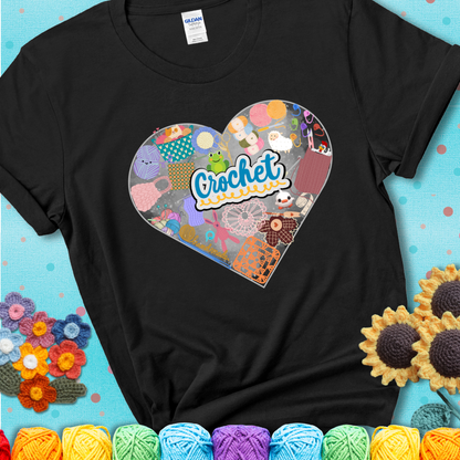 A heart filled with colorful crochet essentials including yarn, hooks, scissors, notions, and handmade items, with the word "Crochet" prominently in the center of a black t-shirt.