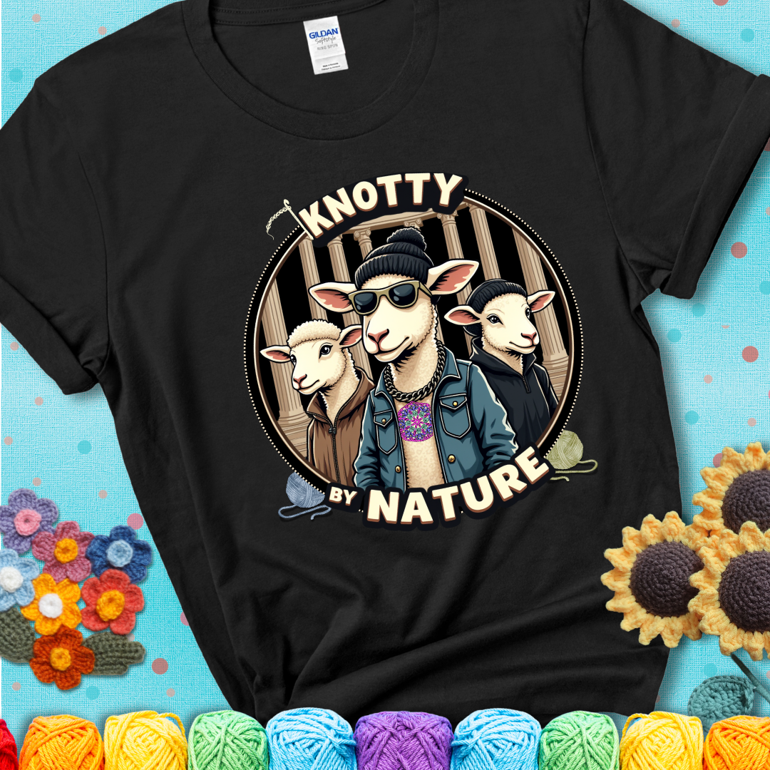 Three cool sheep dressed in urban streetwear pose in front of columns, with bold text “Knotty By Nature” on a black tee, a hilarious crochet parody with swagger.