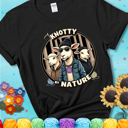 Three cool sheep dressed in urban streetwear pose in front of columns, with bold text “Knotty By Nature” on a black tee, a hilarious crochet parody with swagger.