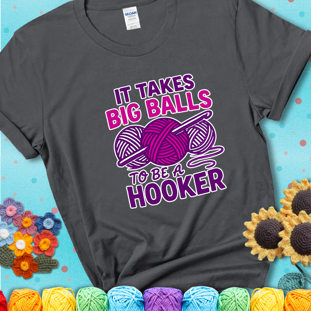 Say it with stitches Design reads 'Crochet Is My Love Language', perfect crochet gift for yarn lovers; showing a charcoal grey tee with a teal sunflower background