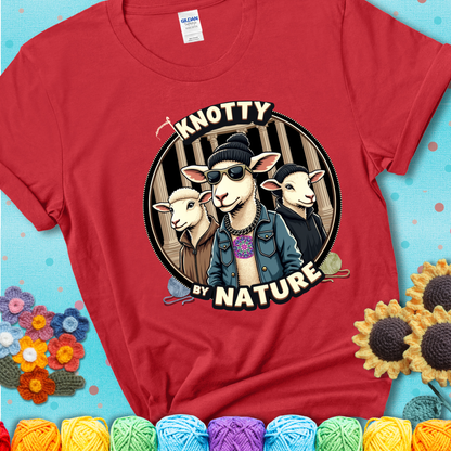Three cool sheep dressed in urban streetwear pose in front of columns, with bold text “Knotty By Nature” on a red tee, a hilarious crochet parody with swagger.