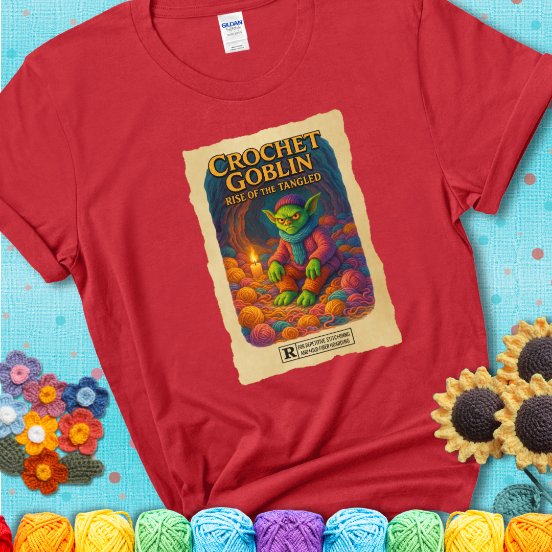 Crochet goblin surrounded by chaotic yarn stash in a cave-like lair. Text reads: “Crochet Goblin: Rise of the Tangled.” A funny fantasy-style red tee for yarn hoarders and goblin-mode crafters.