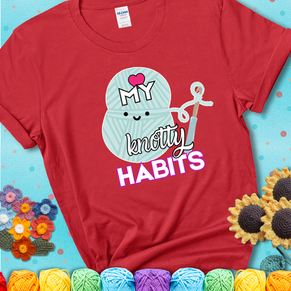 Smiling yarn ball and hook with text “Love My Knotty Habits” - cute crochet shirt with playful design for makers, showing a red tee with a teal sunflower background