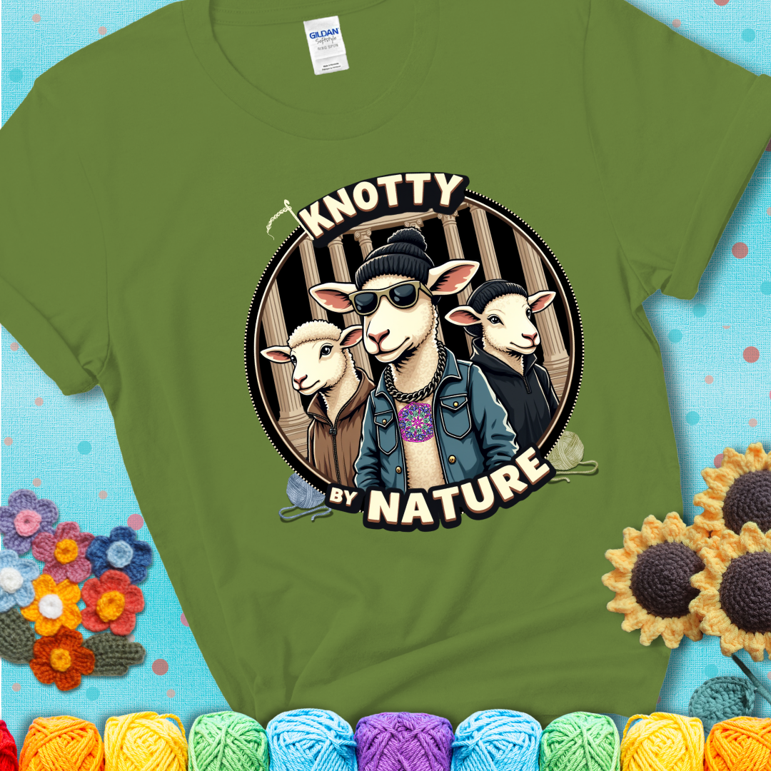 Three cool sheep dressed in urban streetwear pose in front of columns, with bold text “Knotty By Nature” on a green tee, a hilarious crochet parody with swagger.