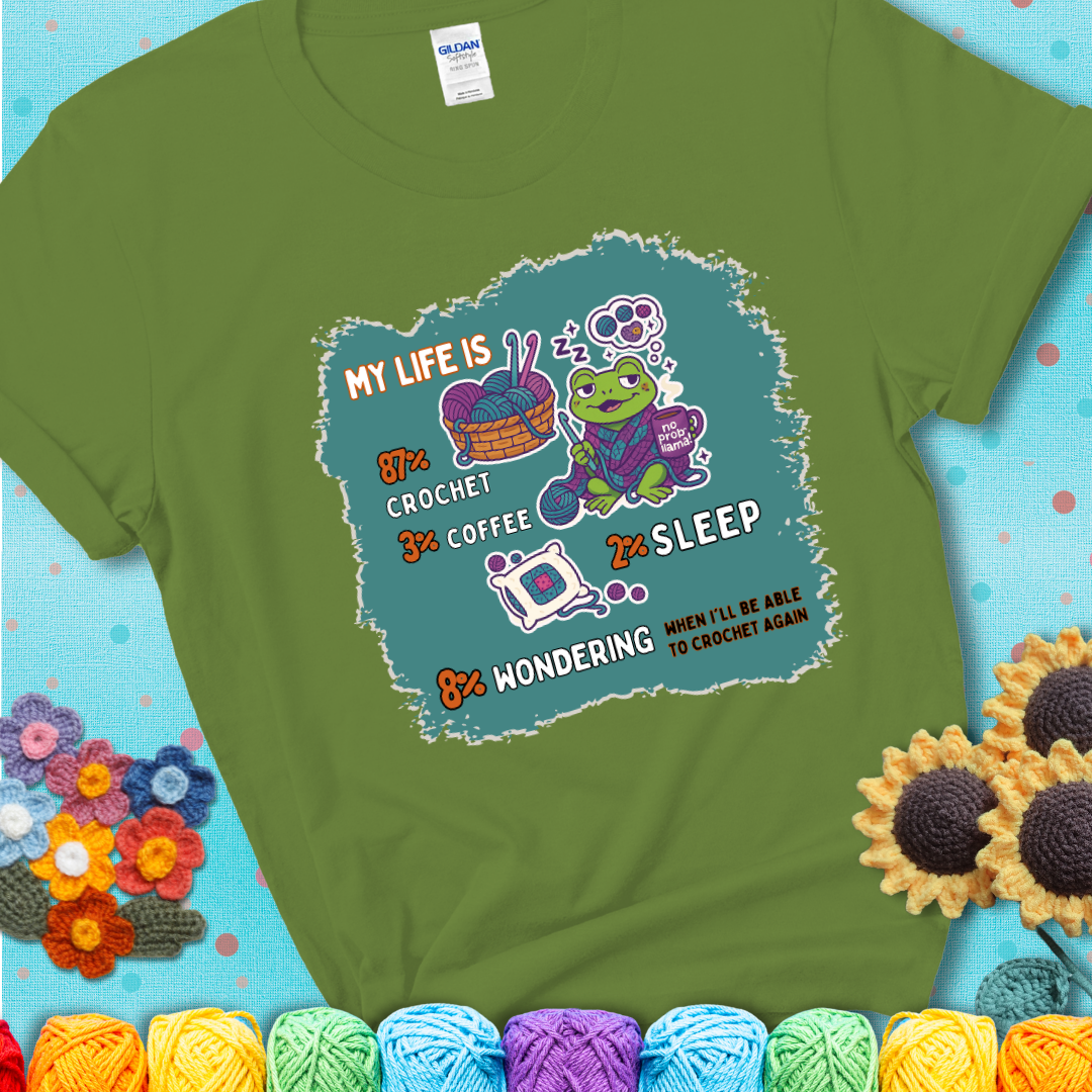 Kiwi green t-shirt with a crocheting frog, coffee, yarn, and text showing a playful life breakdown: 87% crochet, 3% coffee, 2% sleep, 8% wondering when to crochet again.
