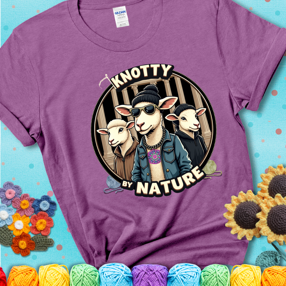 Three cool sheep dressed in urban streetwear pose in front of columns, with bold text “Knotty By Nature” on a lavender tee, a hilarious crochet parody with swagger.