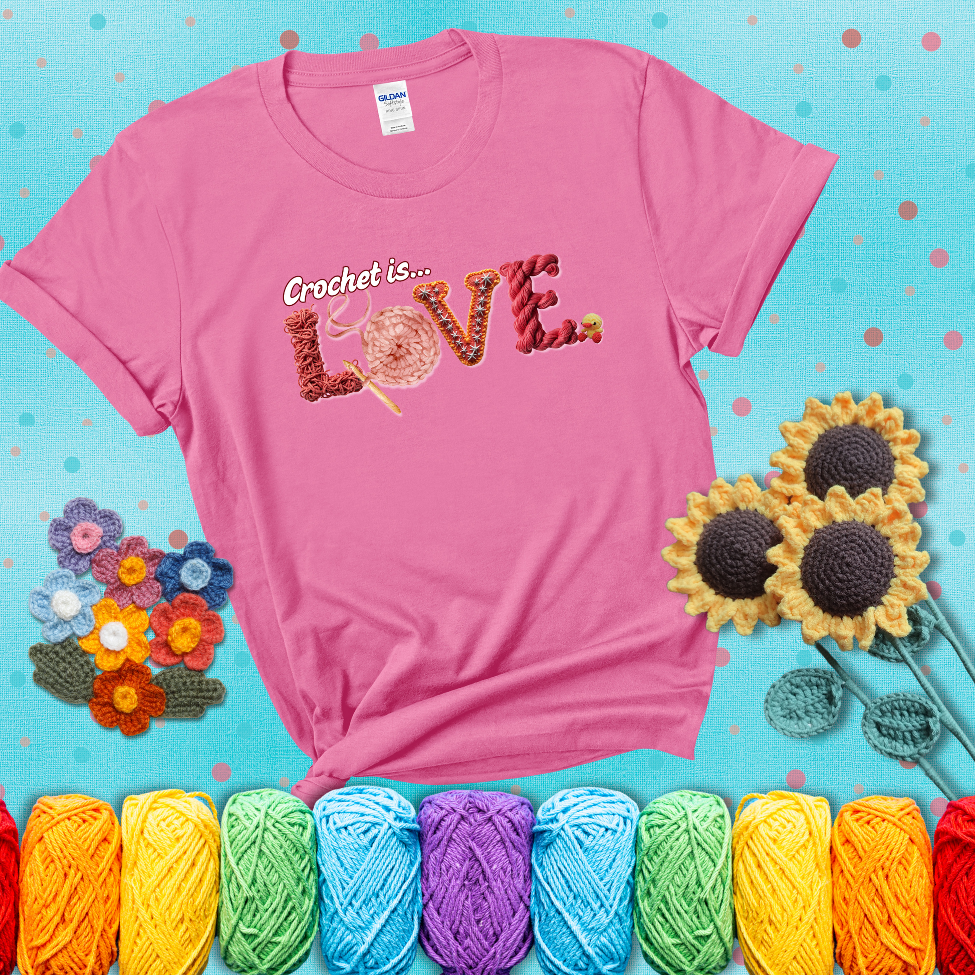 The word "LOVE" spelled with different crochet textures and yarn in red tones, with the phrase “Crochet is…” above in script. showing a light purple tee with a teal sunflower background