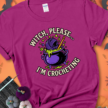 Antique heliconia “Witch, Please… I’m Crocheting” Halloween crochet shirt with purple cauldron, yarn, and crochet hook