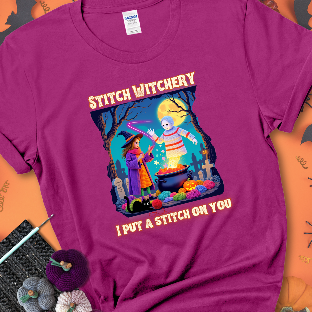 Antique heliconia t-shirt with a yarn witch casting a spell from a cauldron onto a floating crochet ghost, with text “Stitch Witchery” and “I Put a Stitch on You.”