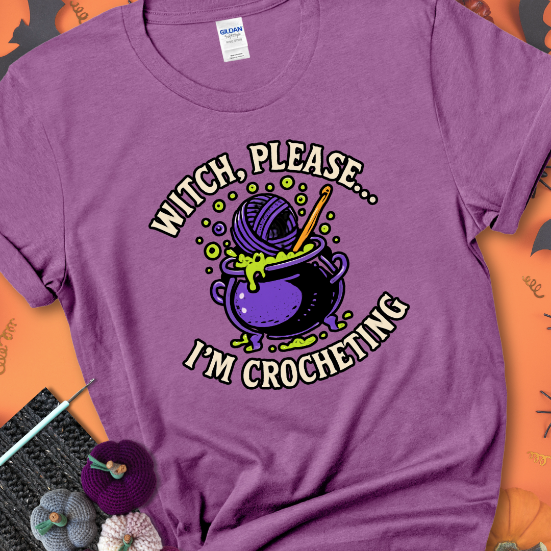 Heather radiant orchid “Witch, Please… I’m Crocheting” Halloween crochet shirt with purple cauldron, yarn, and crochet hook