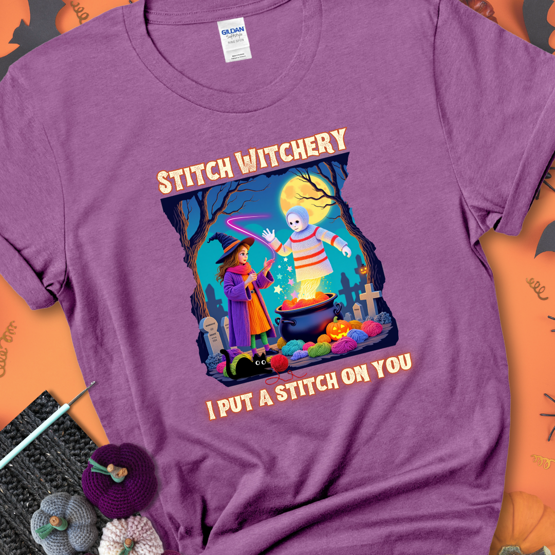 Heather radiant orchid t-shirt with a yarn witch casting a spell from a cauldron onto a floating crochet ghost, with text “Stitch Witchery” and “I Put a Stitch on You.”