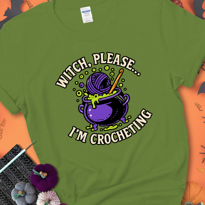 Kiwi green “Witch, Please… I’m Crocheting” Halloween crochet shirt with purple cauldron, yarn, and crochet hook
