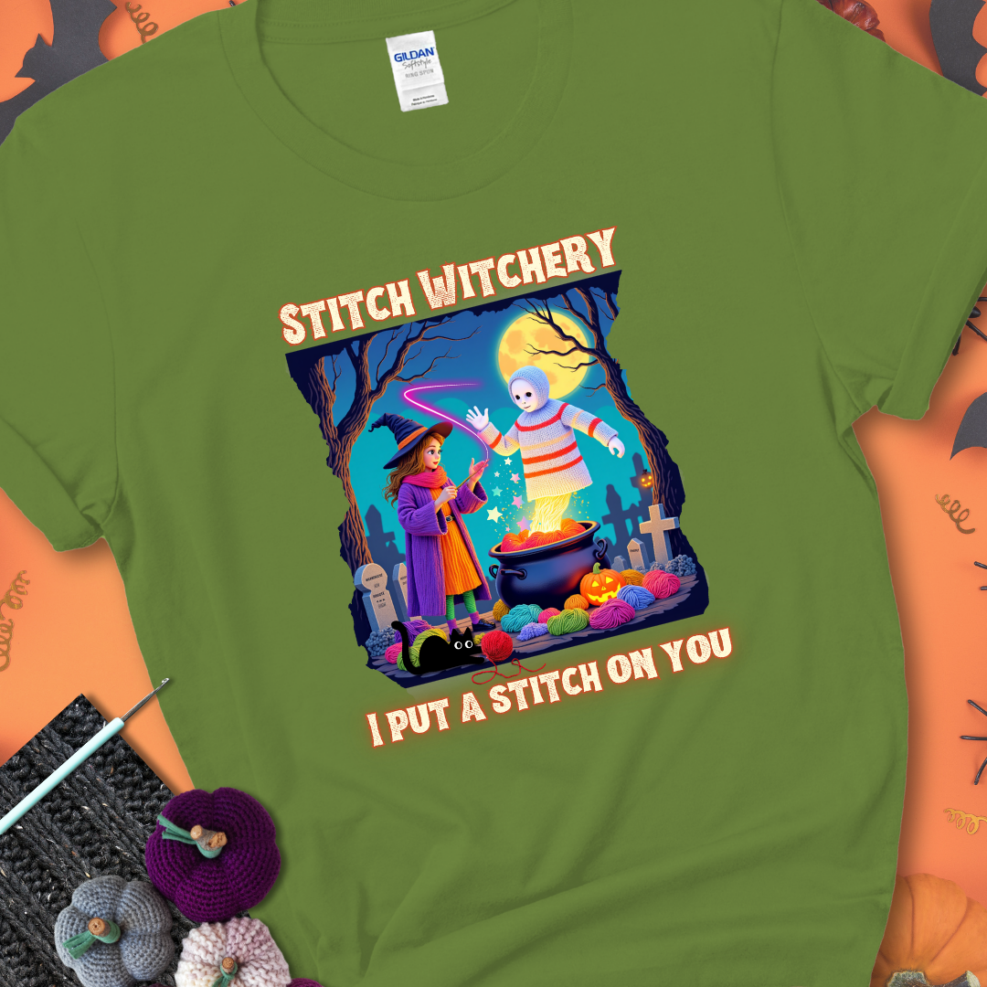 Kiwi t-shirt with a yarn witch casting a spell from a cauldron onto a floating crochet ghost, with text “Stitch Witchery” and “I Put a Stitch on You.”