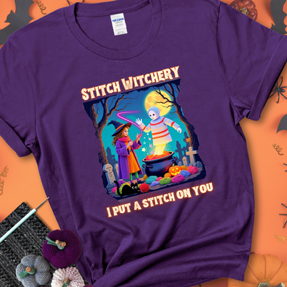 Purple t-shirt with a yarn witch casting a spell from a cauldron onto a floating crochet ghost, with text “Stitch Witchery” and “I Put a Stitch on You.”