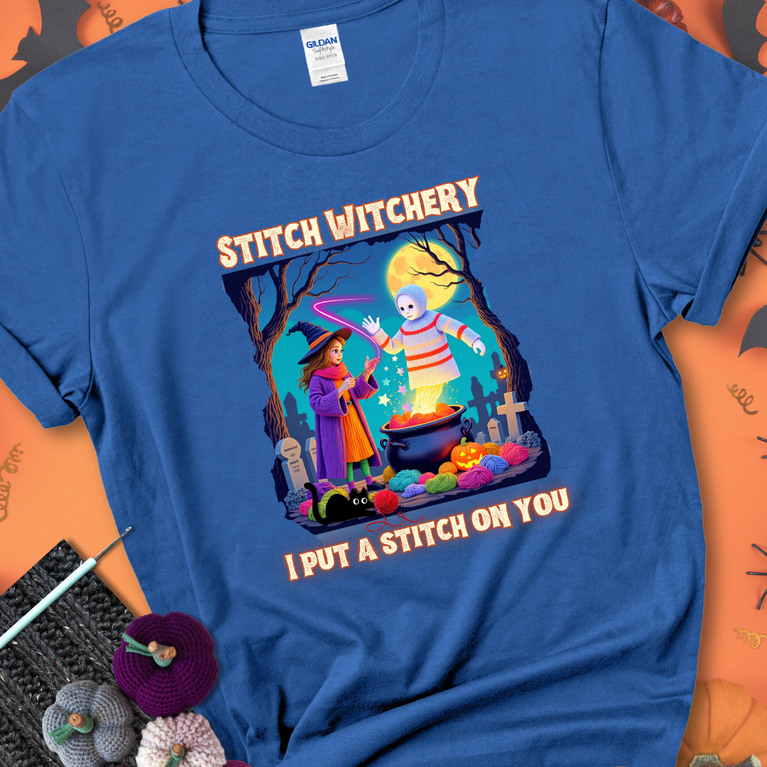 Royal t-shirt with a yarn witch casting a spell from a cauldron onto a floating crochet ghost, with text “Stitch Witchery” and “I Put a Stitch on You.”
