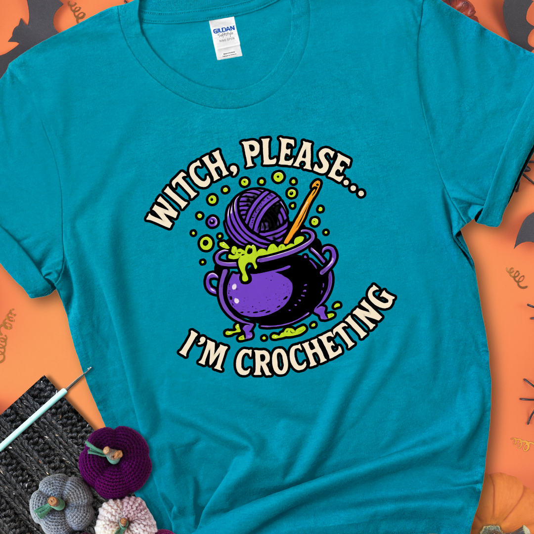 Tropical blue “Witch, Please… I’m Crocheting” Halloween crochet shirt with purple cauldron, yarn, and crochet hook