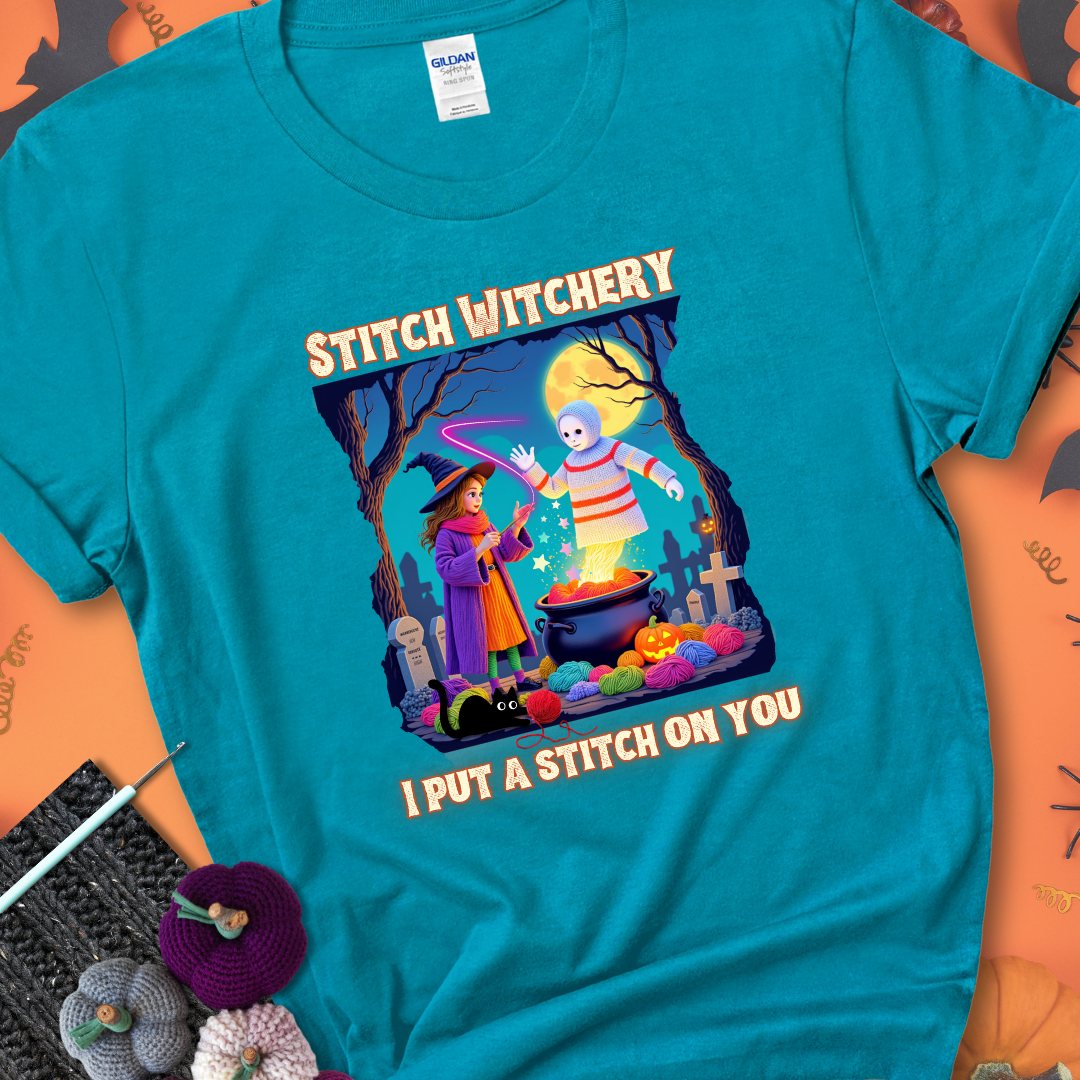 Tropical blue t-shirt with a yarn witch casting a spell from a cauldron onto a floating crochet ghost, with text “Stitch Witchery” and “I Put a Stitch on You.”