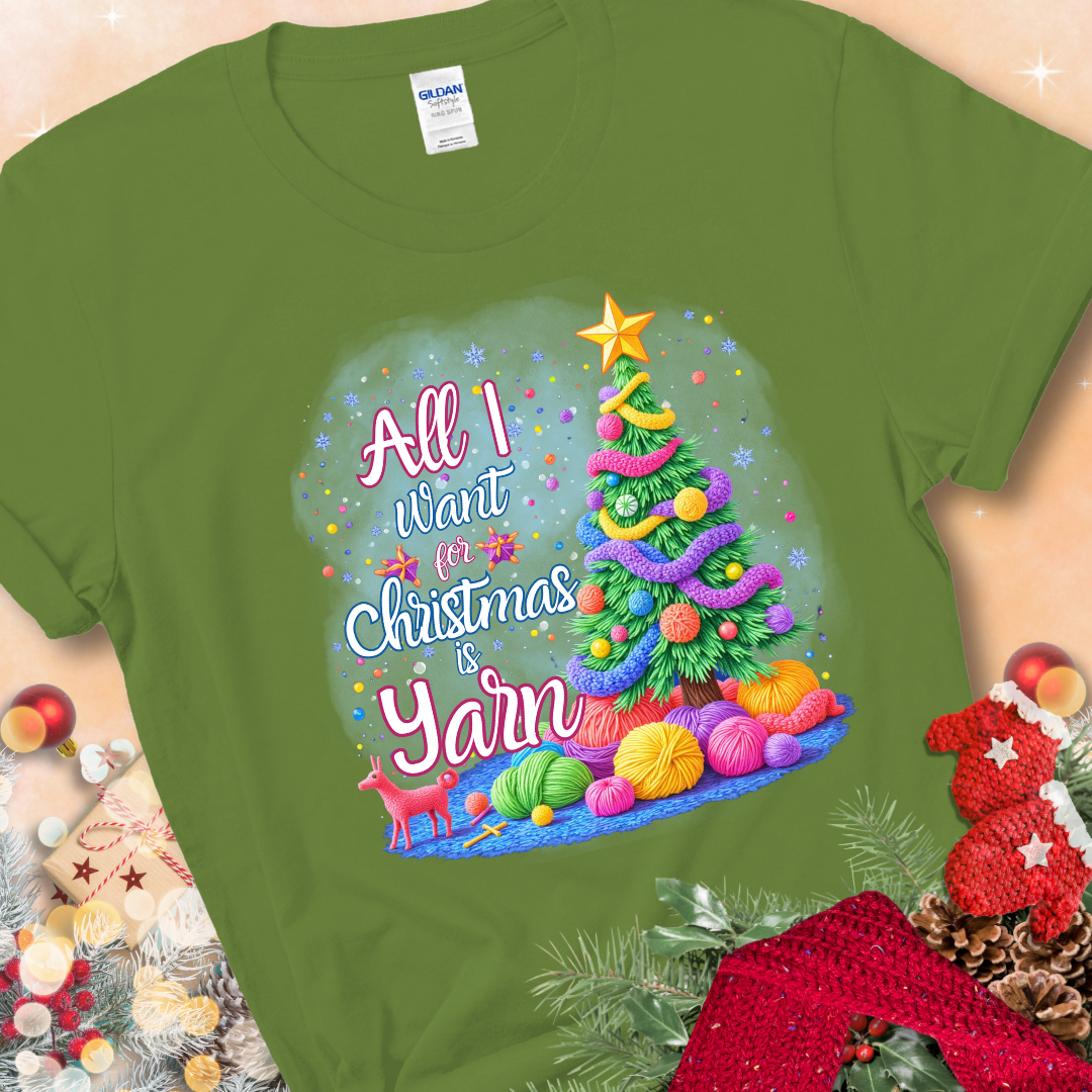 Kiwit-shirt with a colorful Christmas tree decorated with yarn and the phrase “All I Want For Christmas Is Yarn.”