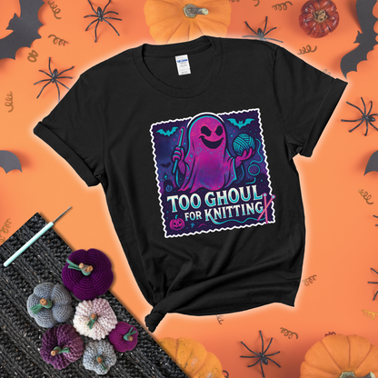 A spooky ghost holds a yarn ball and crochet hook in a vibrant Halloween palette with bats, tombstones, and pumpkins wearing a black tee with a festive halloween background