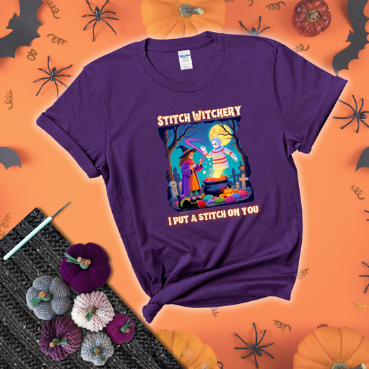 A Halloween scene with a young witch casting a yarn spell from a cauldron onto a floating crochet-ghost figure, under the phrase “I Put a Stitch on You” showing a purple tee with a festive Halloween background