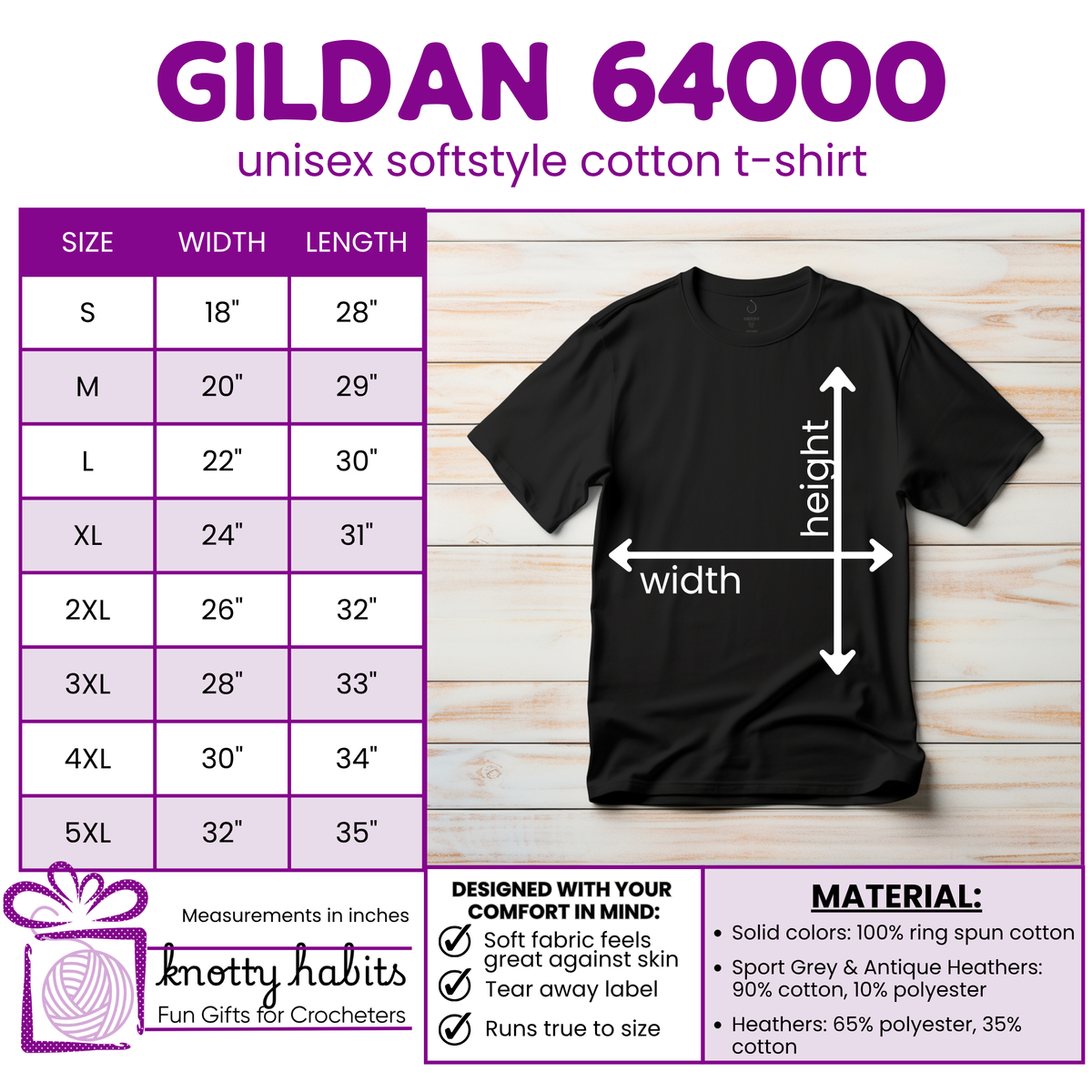 Gildan 64000 unisex t-shirt size chart showing width and length measurements from S to 5XL