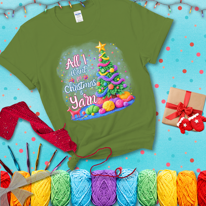 Bright Christmas tree decorated with yarn garlands, balls of yarn underneath, and the text “All I Want for Christmas is Yarn” in festive fonts, showing a bright green tee with a festive Christmas background