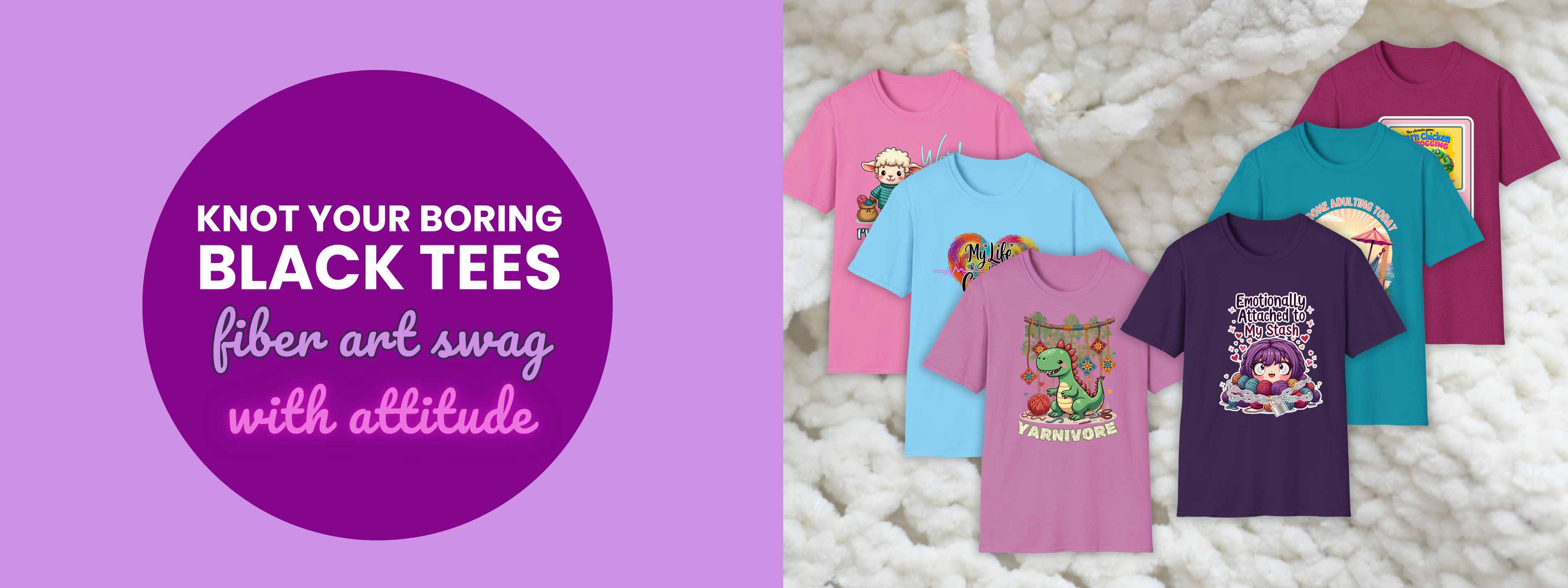 Knotty Habits colorful crochet t-shirts for yarn lovers – fun graphic tees with text that reads 'Knot Your Boring Black Tees – fiber art swag with attitude' on cozy yarn background.
