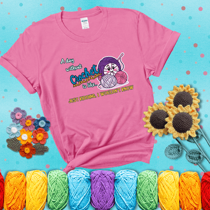 Cartoon ball of yarn character with happy face surrounded by more yarn and a hook, next to playful text about never skipping crochet, wearing a pink tee with a teal sunflower background