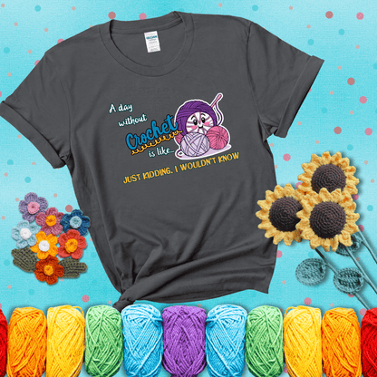 Cartoon ball of yarn character with happy face surrounded by more yarn and a hook, next to playful text about never skipping crochet, wearing a dark grey tee with a teal sunflower background