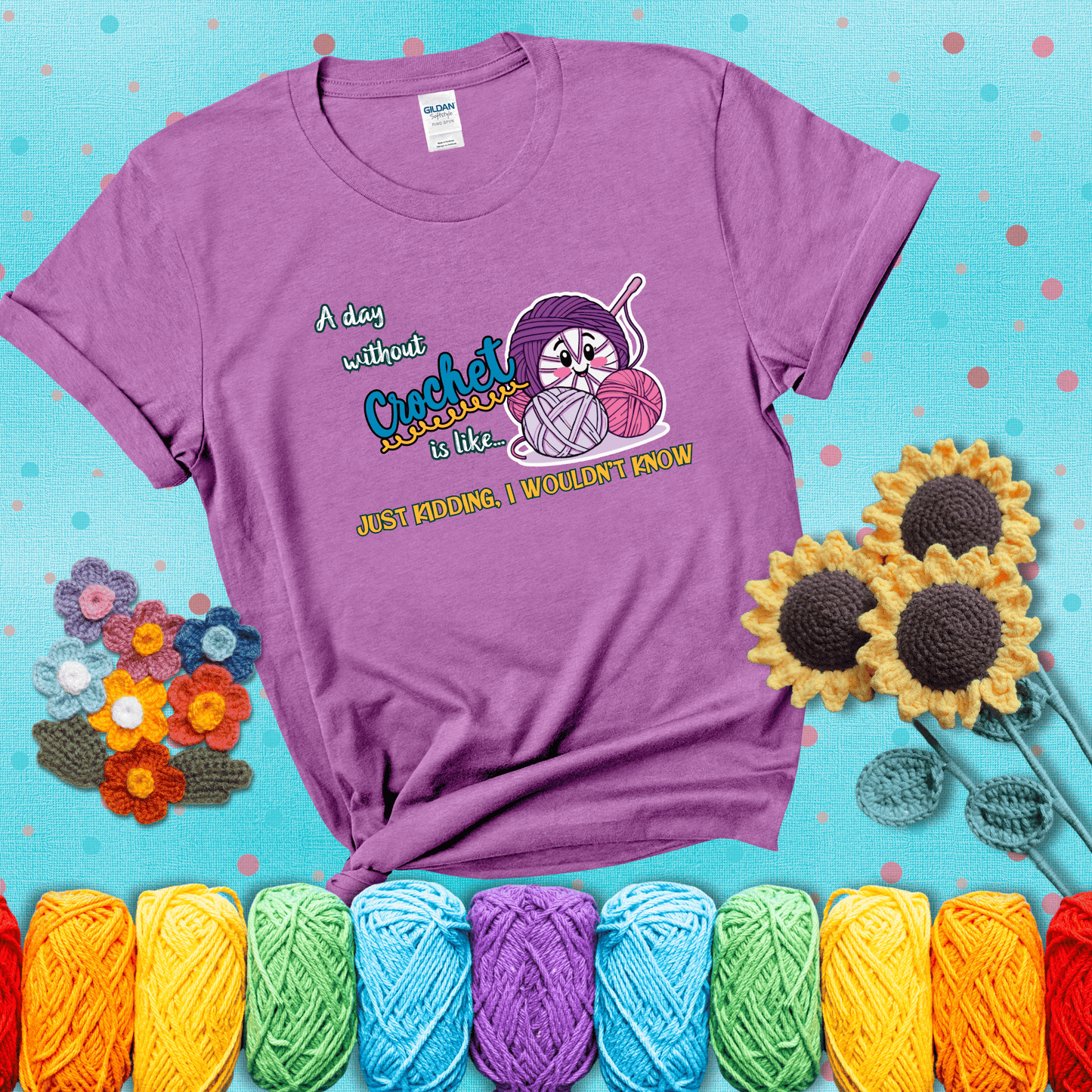 Cartoon ball of yarn character with happy face surrounded by more yarn and a hook, next to playful text about never skipping crochet, wearing a light purple tee with a teal sunflower background