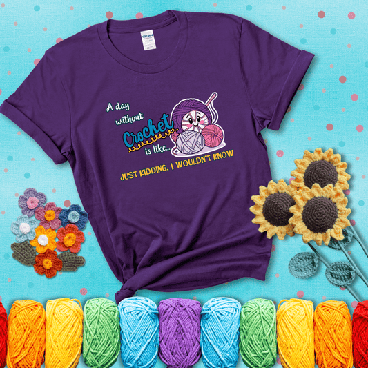 Cartoon ball of yarn character with happy face surrounded by more yarn and a hook, next to playful text about never skipping crochet, wearing a purple tee with a teal sunflower background