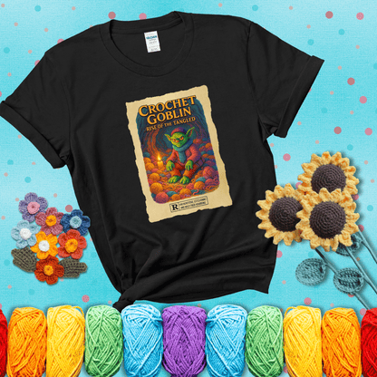 Crochet goblin surrounded by chaotic yarn stash in a cave-like lair. Text reads: “Crochet Goblin: Rise of the Tangled.” A funny fantasy-style tee for yarn hoarders and goblin-mode crafters. showing a black tee with a teal sunflower background