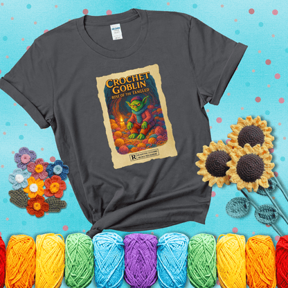 Crochet goblin surrounded by chaotic yarn stash in a cave-like lair. Text reads: “Crochet Goblin: Rise of the Tangled.” A funny fantasy-style tee for yarn hoarders and goblin-mode crafters. showing a dark grey tee with a teal sunflower background