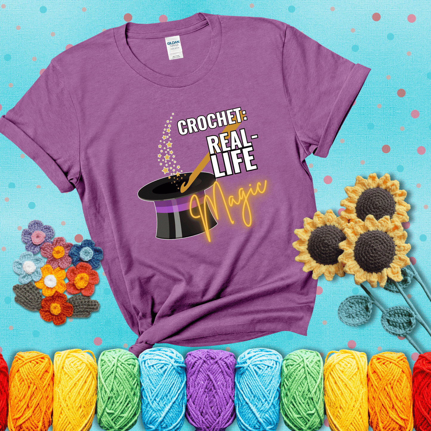 Poof! Stress gone Design reads 'Crochet: Real-Life Magic' , perfect crochet gift for yarn lovers; showing a light purple tee with a teal sunflower background